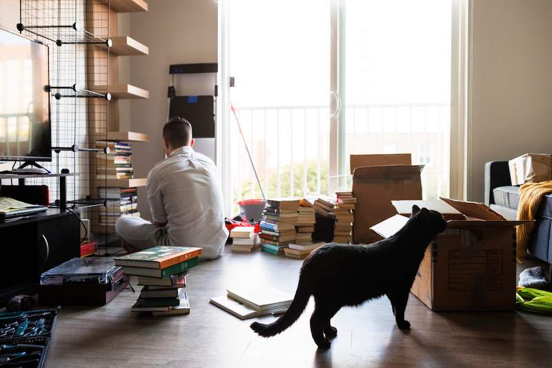 Man with cat in apartment packs his belongings for a move.